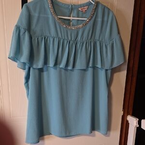 New York & Company Aqua Ruffle Blouse